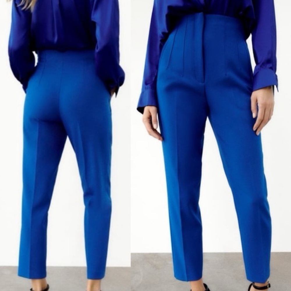 Zara Royal cobalt blue high waisted pronounced seam tailored tapered ankle pants - Picture 12 of 12